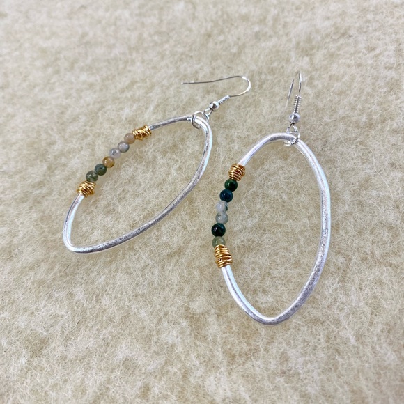 Wire Silver Gold Green Stone Jade Style Art Dangle Earrings Fashion Hoops - Picture 2 of 3